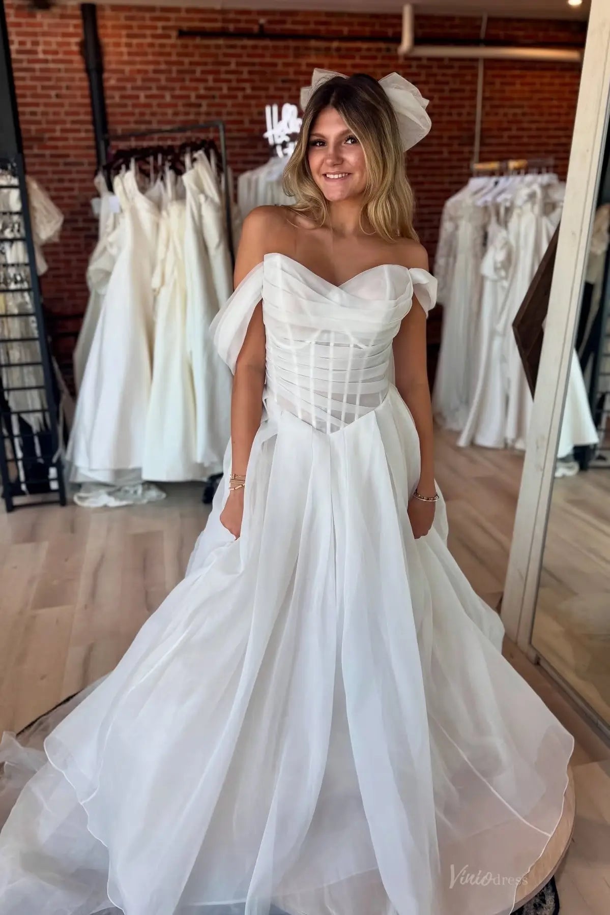 Timeless Off-Shoulder Silky Organza Ball Gown Wedding Dress – MS159 – Viniodress