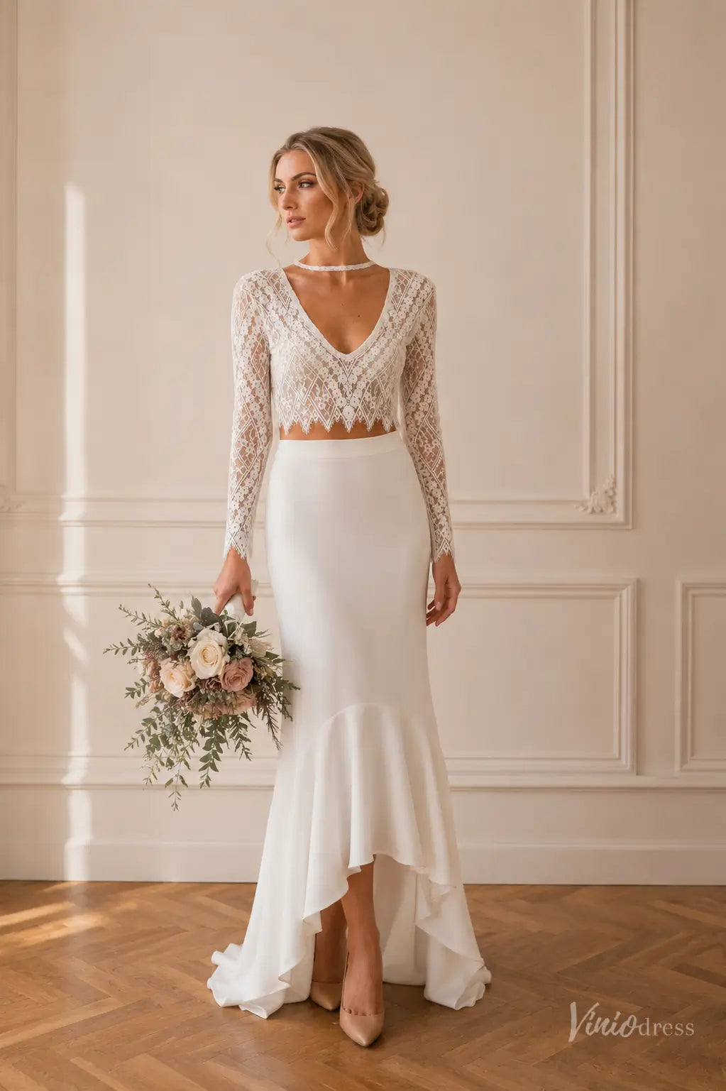 Two-Piece Beach Wedding Dress with Long Sleeve Lace Top High-Low Sheat – Viniodress