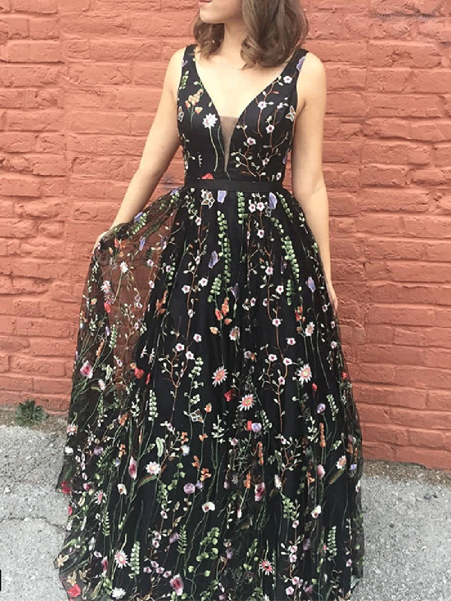 V Neck Black Floral Prom Dresses Long A Line Formal Dress FD1612 – Viniodress