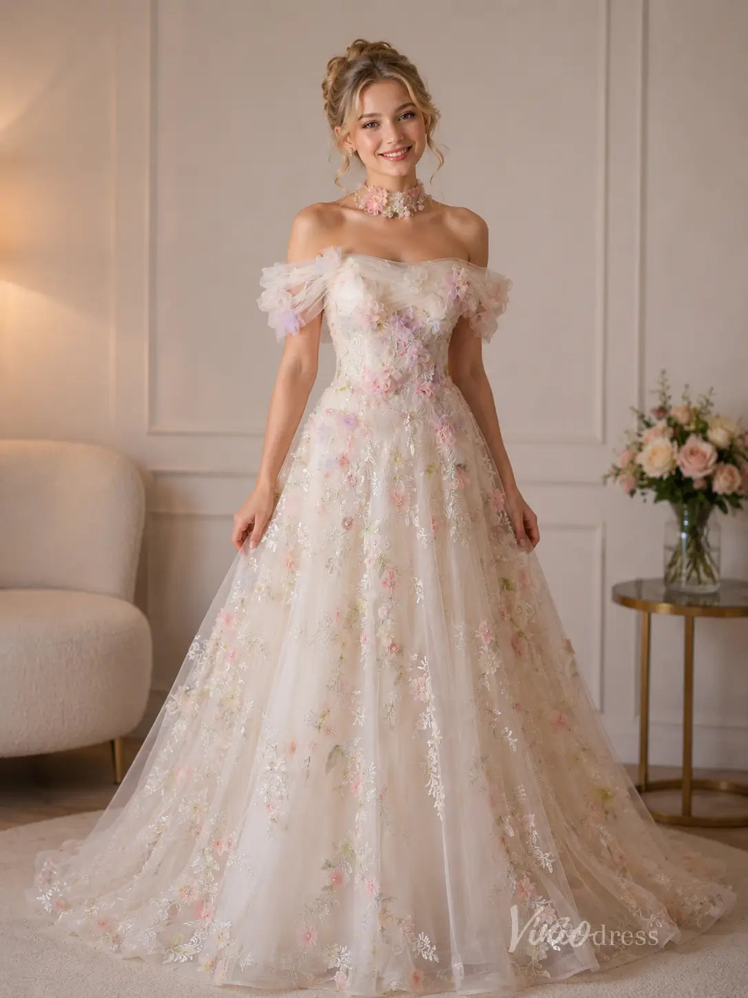 Fairycore Floral Formal Dress with 3D Flowers & Tulle Sleeves – Viniodress