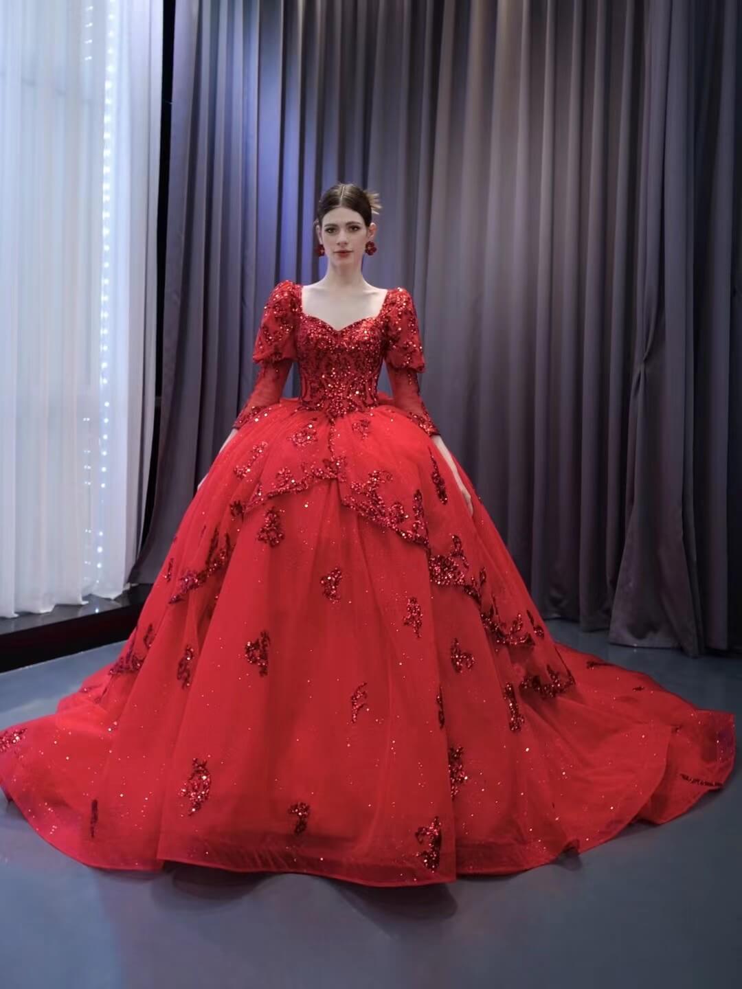Vintage Luxury Red Wedding Dresses Sparkly Long Sleeve Ball Gown 23113 – Viniodress