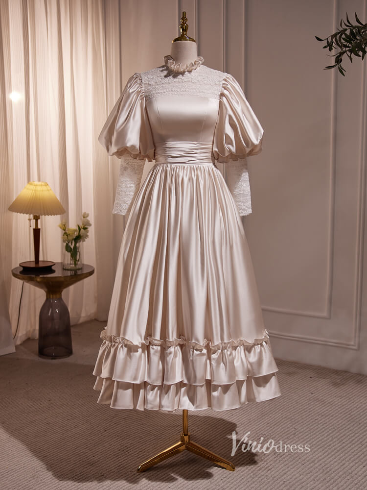 Vintage Midi Length Satin Wedding Gowns Puff Sleeve Ruffle Prom Dresse – Viniodress
