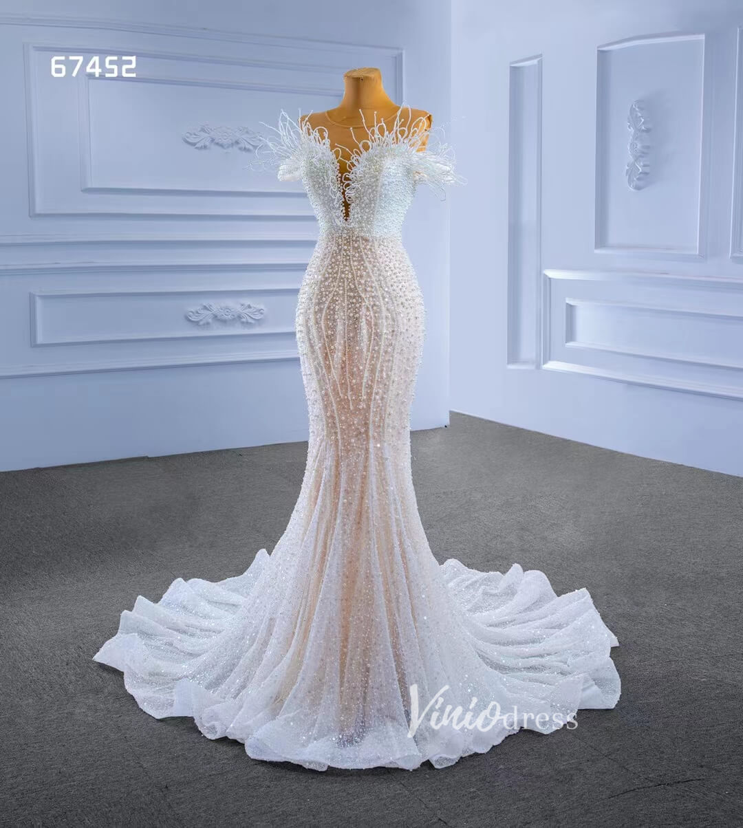 Vintage Pearl Mermaid Wedding Dresses Luxury Beaded Wedding Gown 67452 – Viniodress