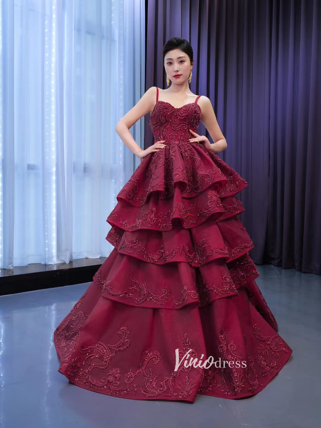 Vintage Tiered Prom Dresses Burgundy Formal Dress Lace Ball Gown 67506 – Viniodress