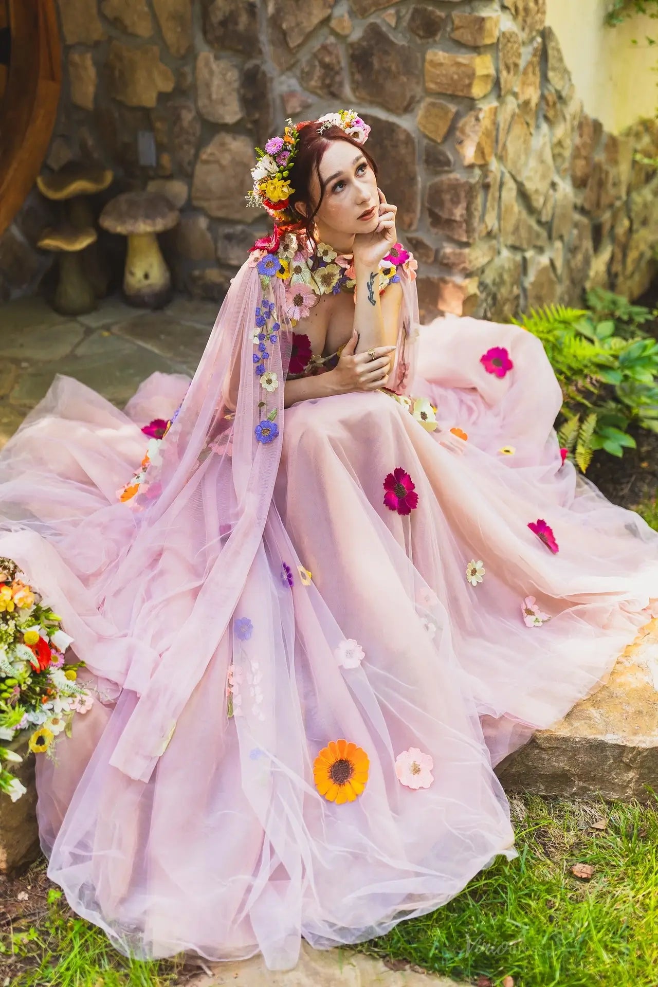 Whimsical 3D Floral Appliqué Blush Tulle Wedding Dress – FW137 – Viniodress