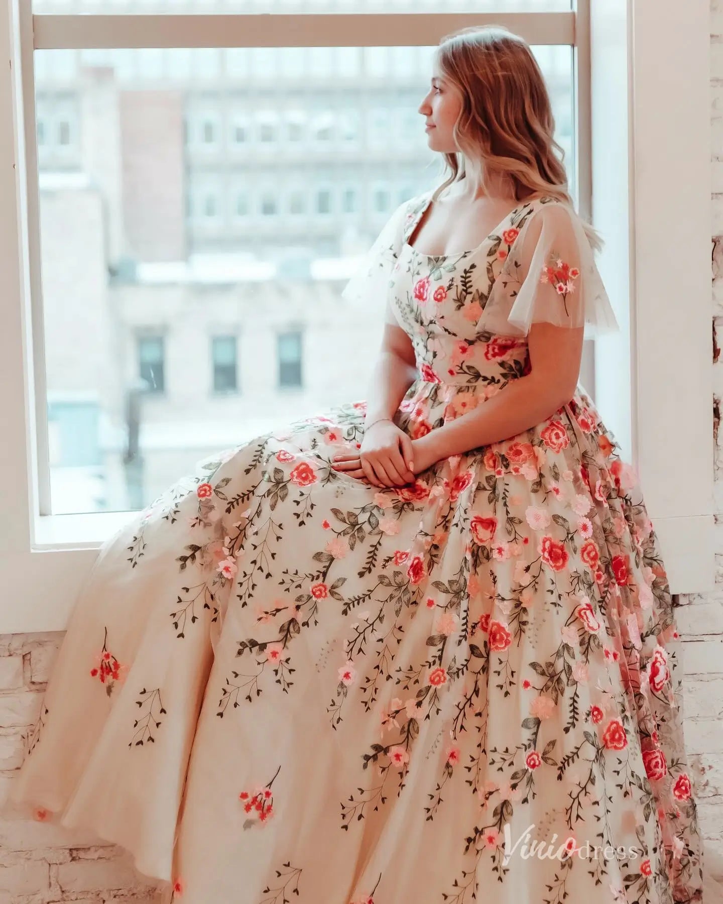 Whimsical Floral Embroidered Ball Gown with Flutter Sleeves – FW215 – Viniodress
