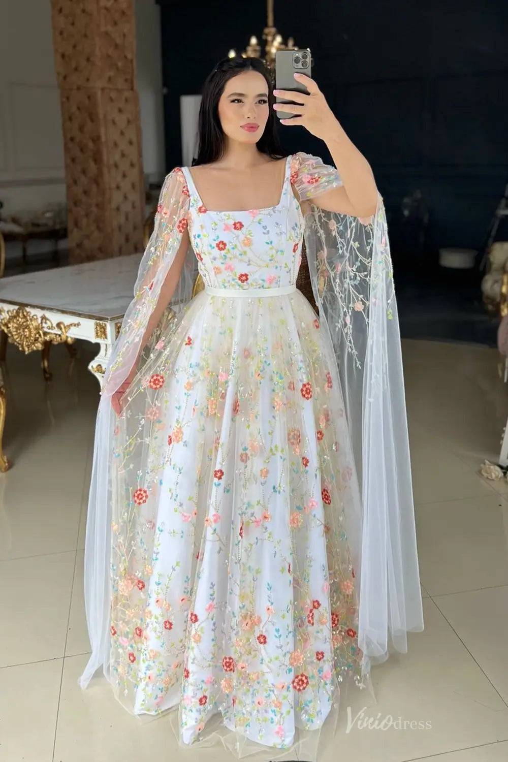 Whimsical Floral Embroidered Ball Gown with Cape Sleeves – FW256 – Viniodress