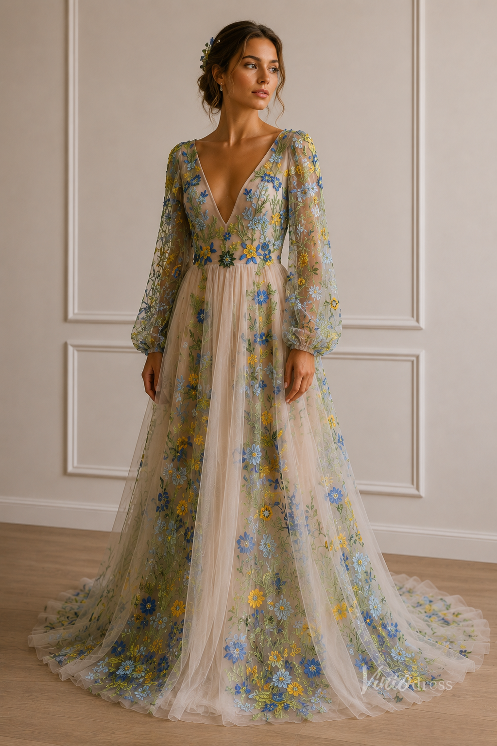 long sleeve whimsical dress Meadow Floral Wedding with Sleeves| V-Neck Backle – Viniodress layered tulle skirt 05/01/2026 Size:US 11.5 New York Fashion Week: