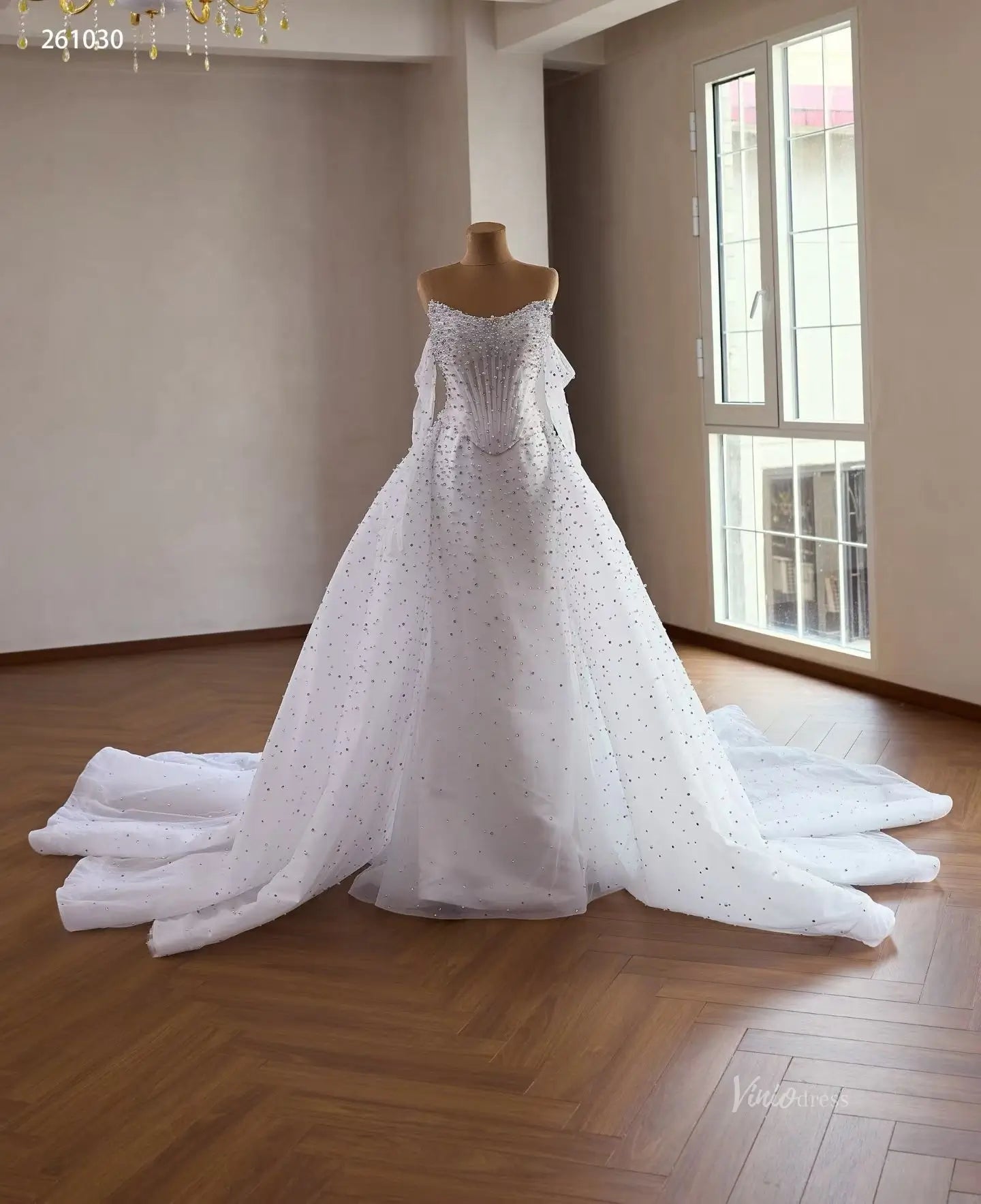 White Pearl Beaded Mermaid Wedding Dress with Overskirt – 261030 – Viniodress