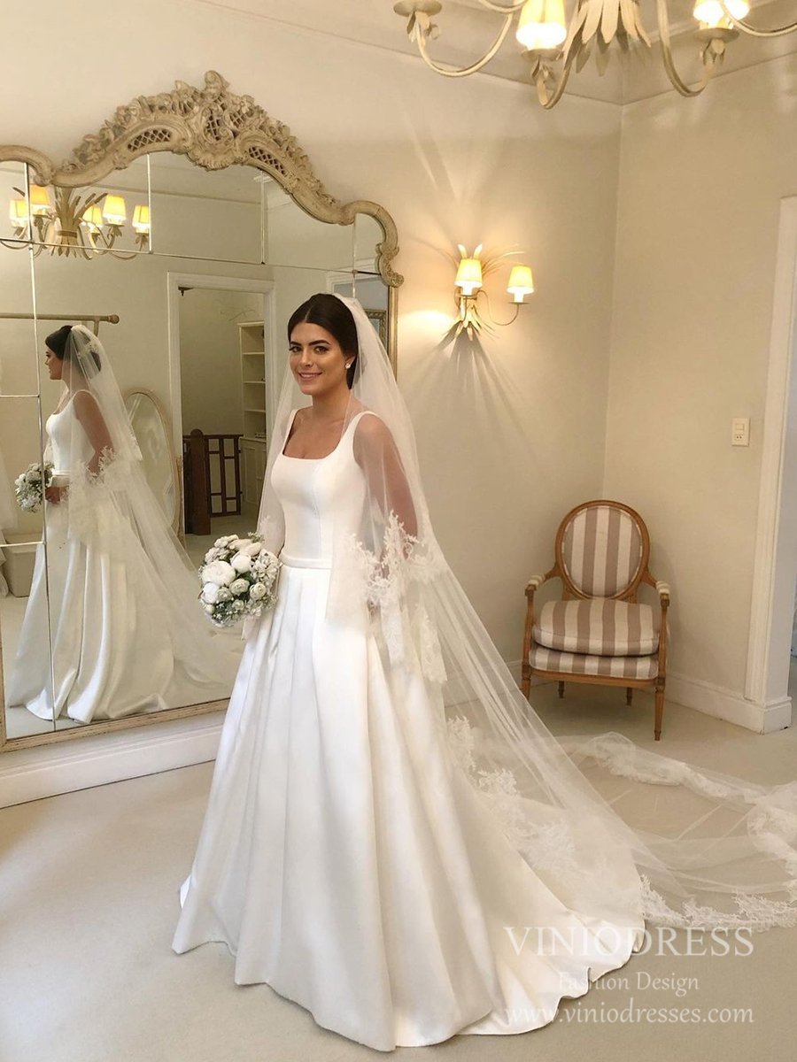 Wide Strap Square Neck Satin Wedding Dresses with Pockets VW1838 – Viniodress
