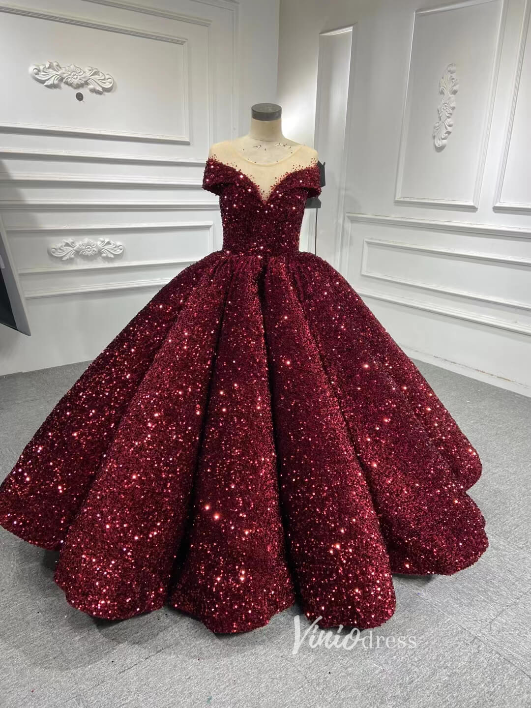 Wine Red Shiny Ball Gown for Women 66991 Round Neck, Cap Sleeve – Viniodress