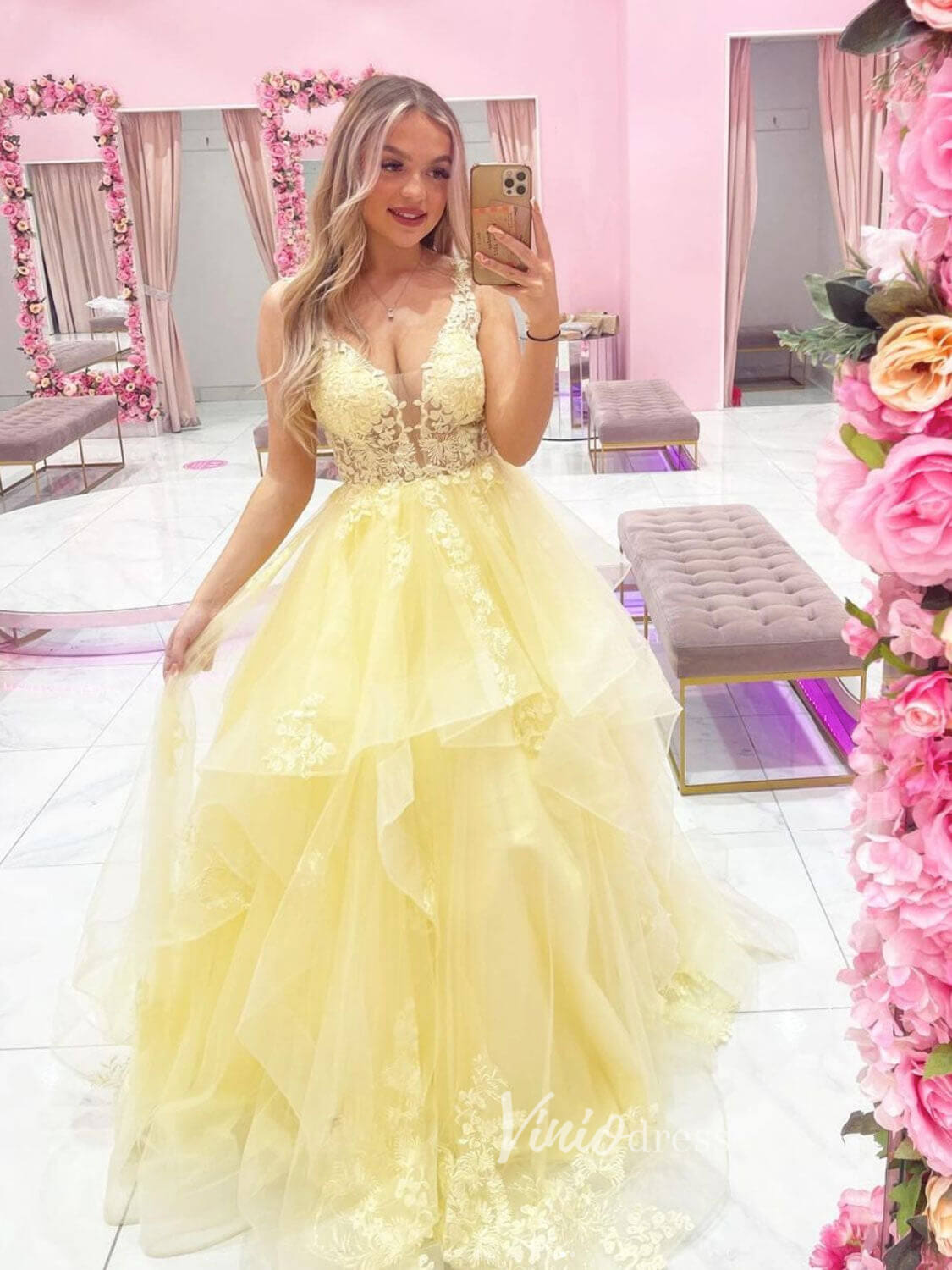 Yellow Lace Applique Prom Dresses Plunging V-Neck Evening Dress FD3204-prom dresses 2025 -Viniodress-Yellow-Custom Size-
