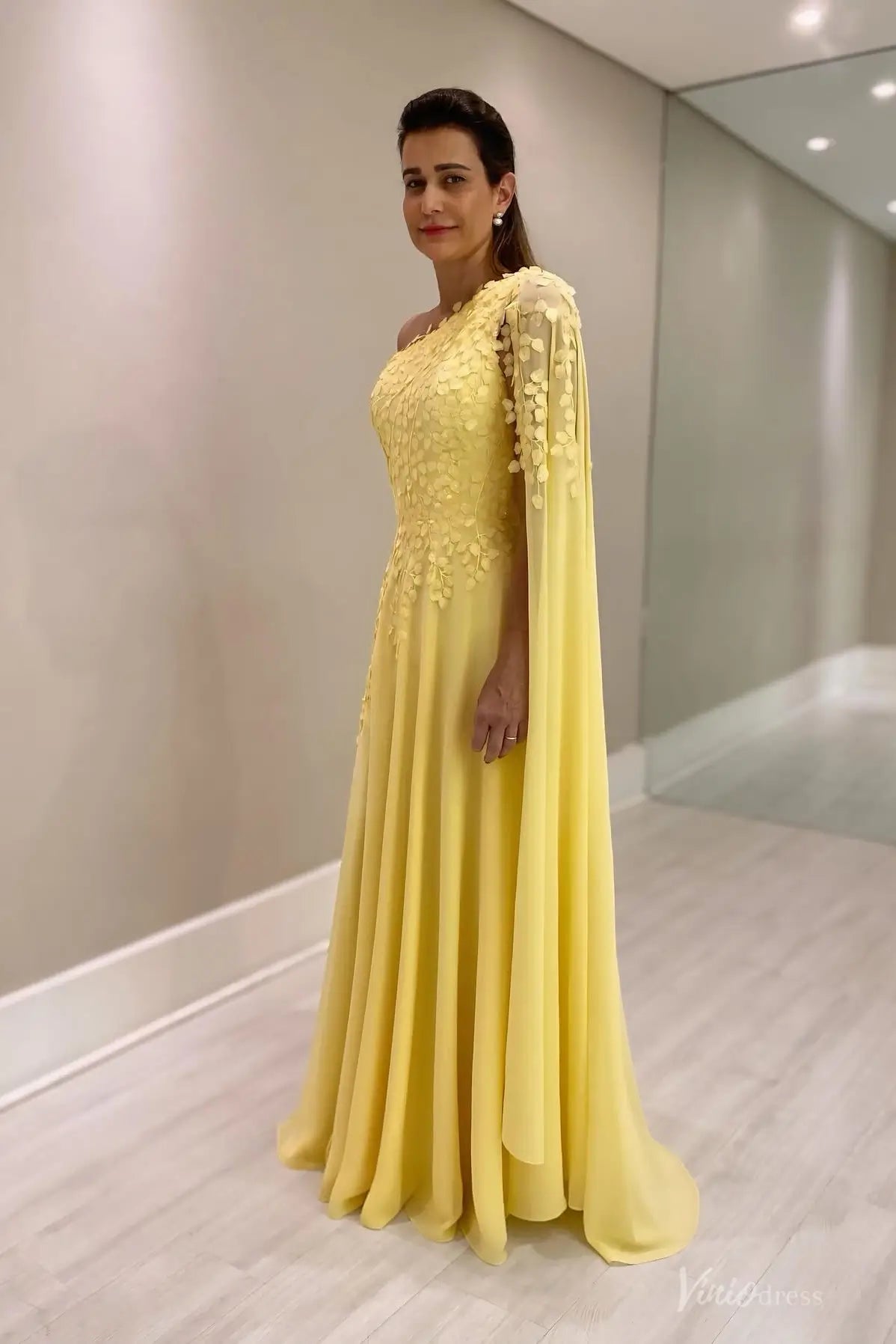 Yellow One-Shoulder Floral Appliqué Chiffon Evening Gown – MM009 – Viniodress
