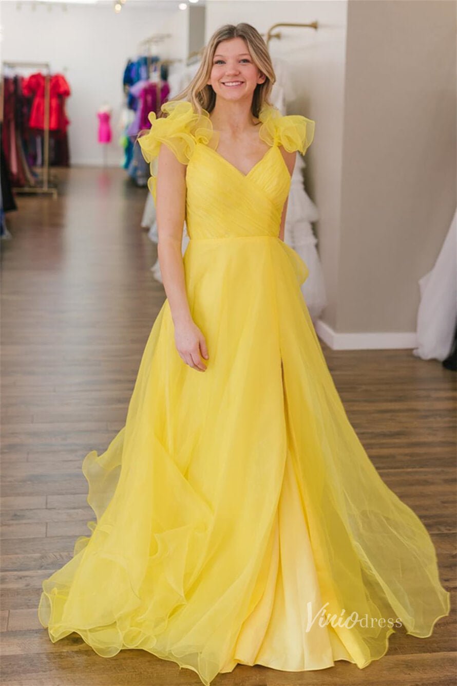 Yellow Ruffled Shoulder Prom Dresses with Slit Pleated Bodice FD3981 – Viniodress