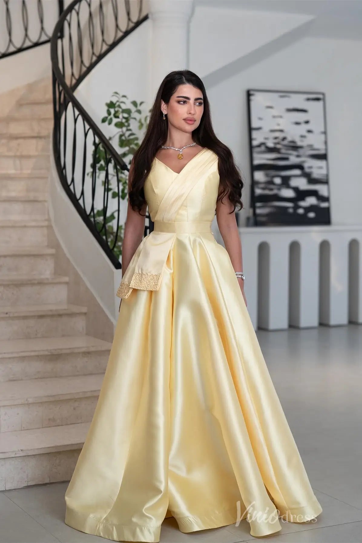 Butter Yellow Satin Ball Gown with Pleated V-Neck and Beaded Sash – AS036 – Viniodress