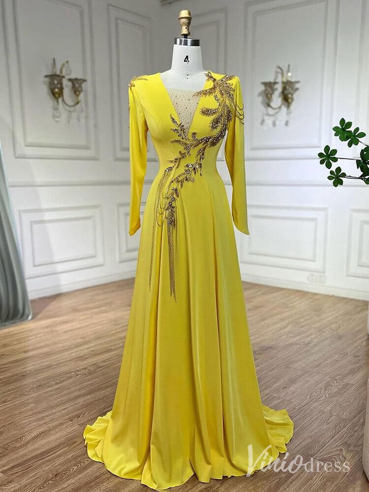 Yellow Satin Long Sleeve Prom Dresses Beaded Lace V-Neck Mother of the – Viniodress