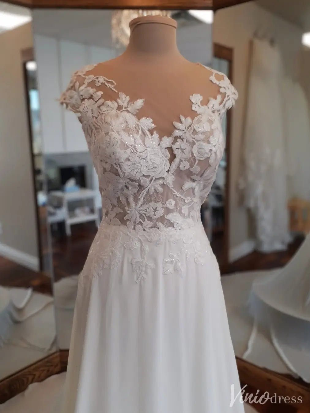 A-Line Chiffon Wedding Dress | Lace Appliqué Bodice with Cap Sleeves, Illusion Boat Neck & Chapel Train – VW2538-wedding dresses 2025 -Viniodress-Ivory-Custom Size-