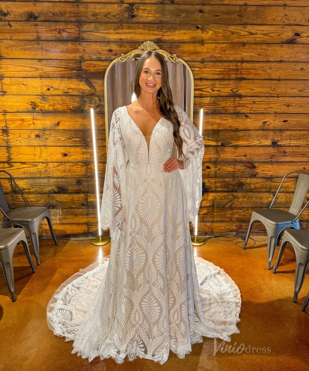 A-Line Lace Boho Wedding Dress with Batwing Sleeves | Plunging V-Neck, Viniodress A-Line Lace Boho Wedding Dress with Batwing Sleeves | Plunging V-Neck, Viniodress