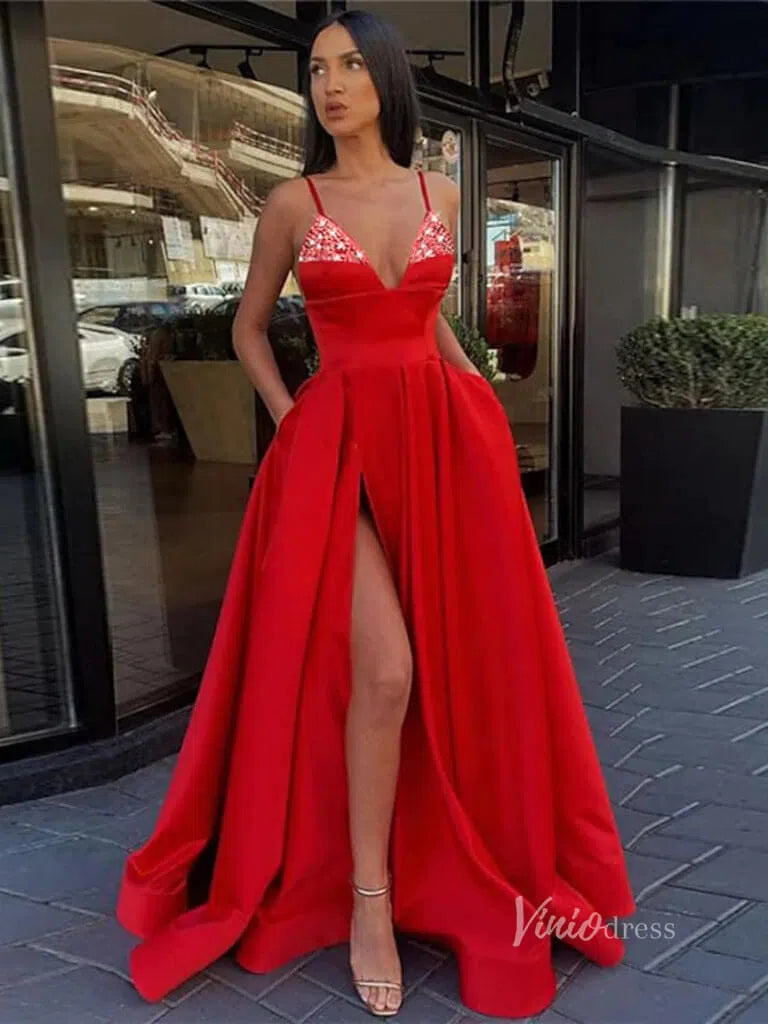 A-line Satin Prom Dresses with Slit and Pockets Spaghetti Strap FD1551F-prom dresses 2025 -Viniodress-Red-Custom Size-