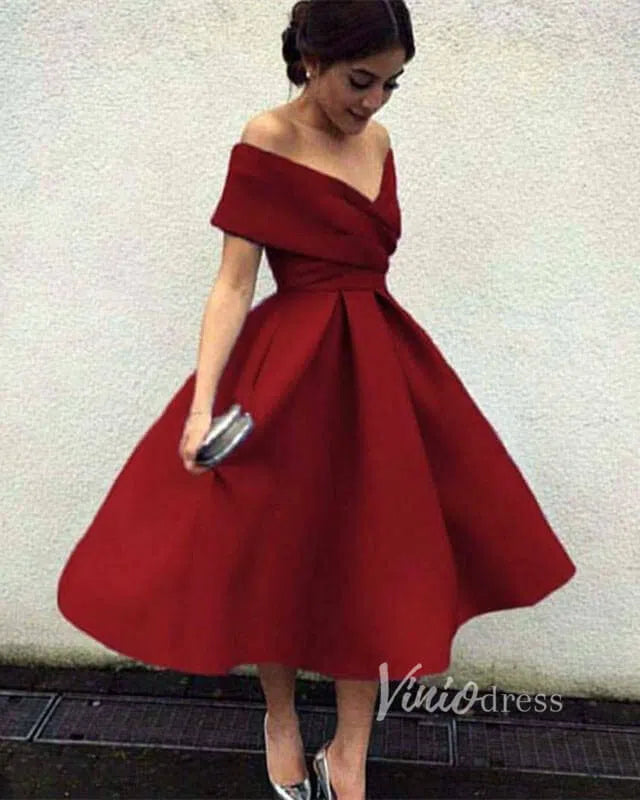 A Line Tea Length Prom Dresses Dusty Blue Wedding Guest Dress SD1205-prom dresses 2025 -Viniodress-Burgundy-Custom Size-