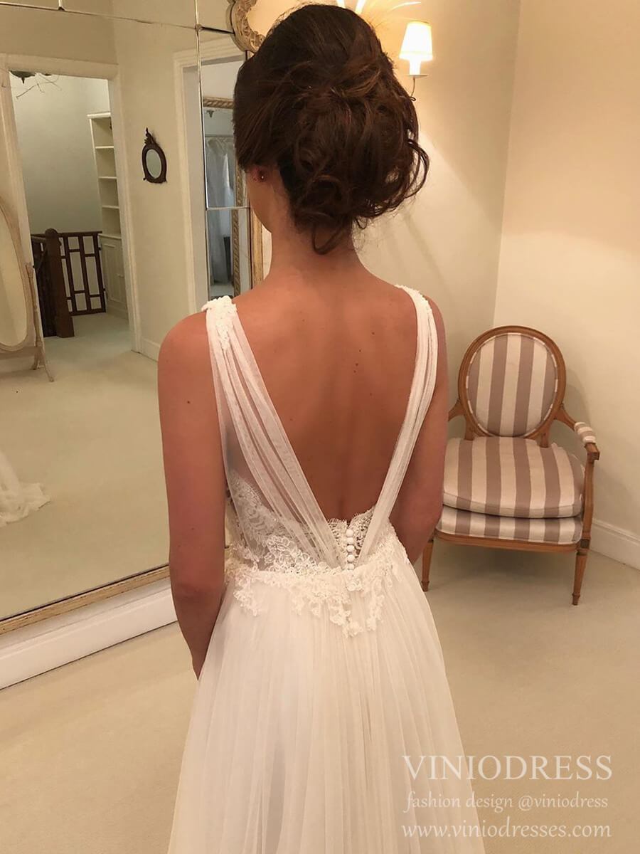 A-line Tulle Beach Wedding Dresses Sweetheart Neck VW1541-wedding dresses 2025 -Viniodress-Ivory-Custom Size-