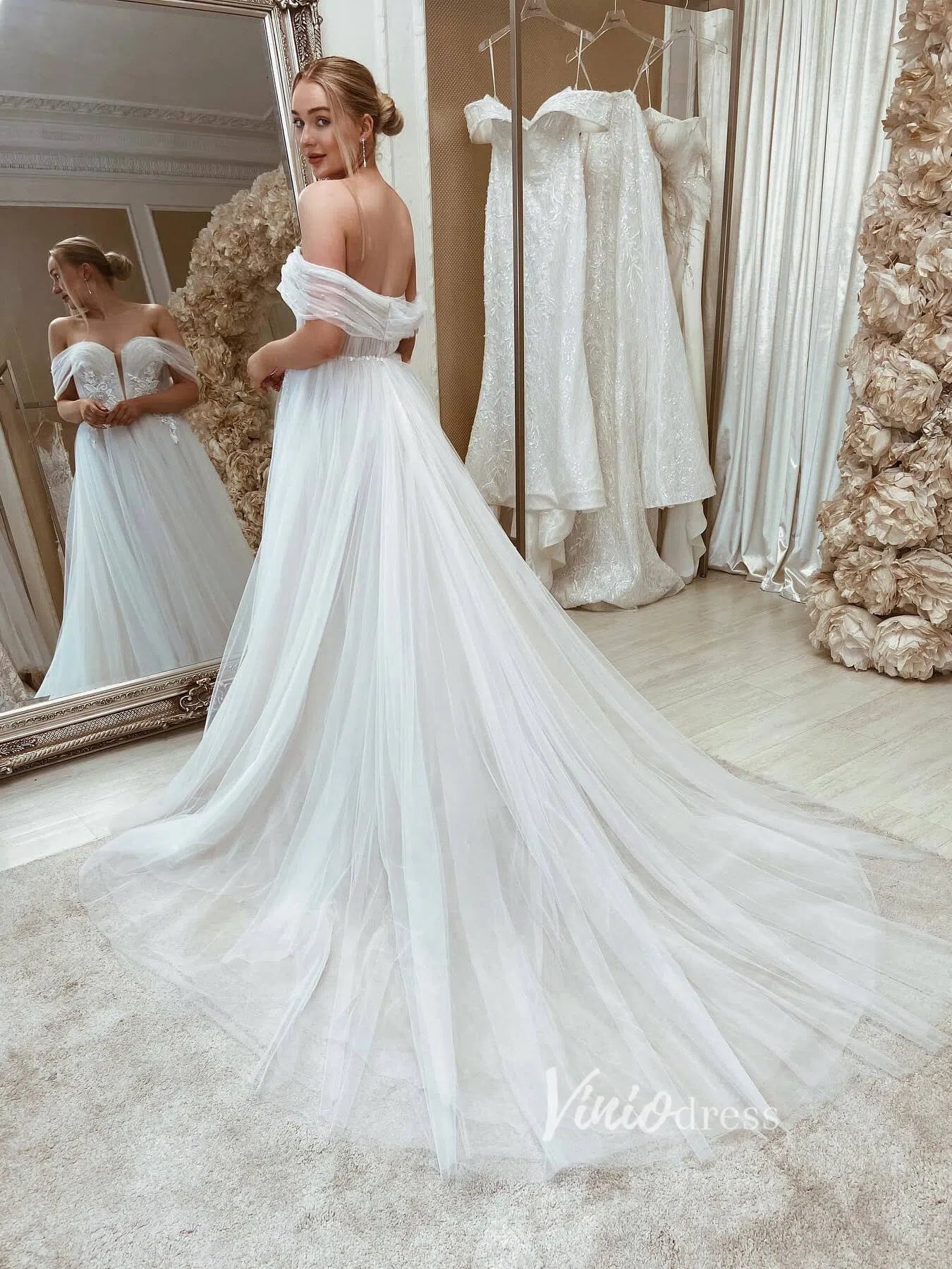 A-line Tulle Country Wedding Dresses Off the Shoulder VW2062-wedding dresses 2025 -Viniodress-Champagne-Custom Size-