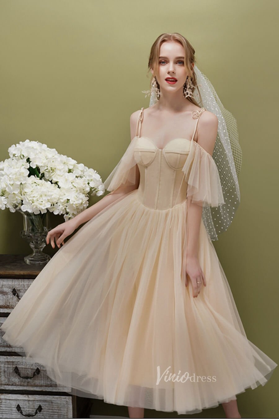A-line Tulle Tea Length Prom Dresses Champagne FD2514 – Viniodress