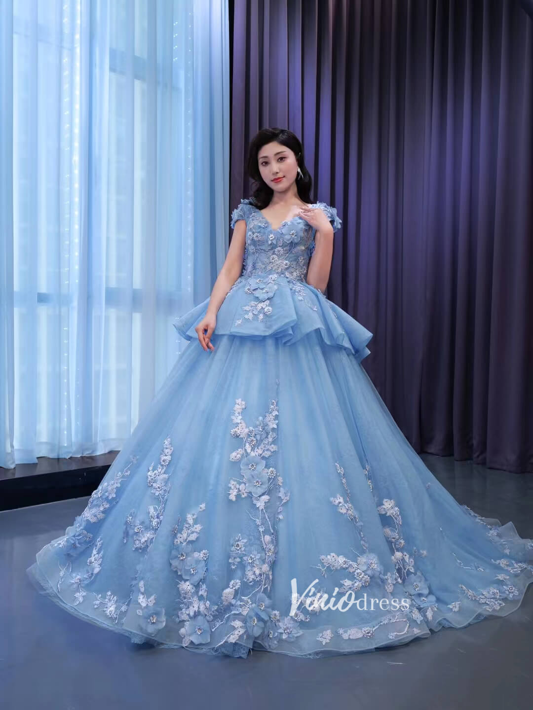 Baby Blue Ball Gown Sweet 16 Dress 3D Flower Quince Dress 67470 Viniodress Baby Blue Ball Gown Sweet 16 Dress 3D Flower Quince Dress 67470 Viniodress