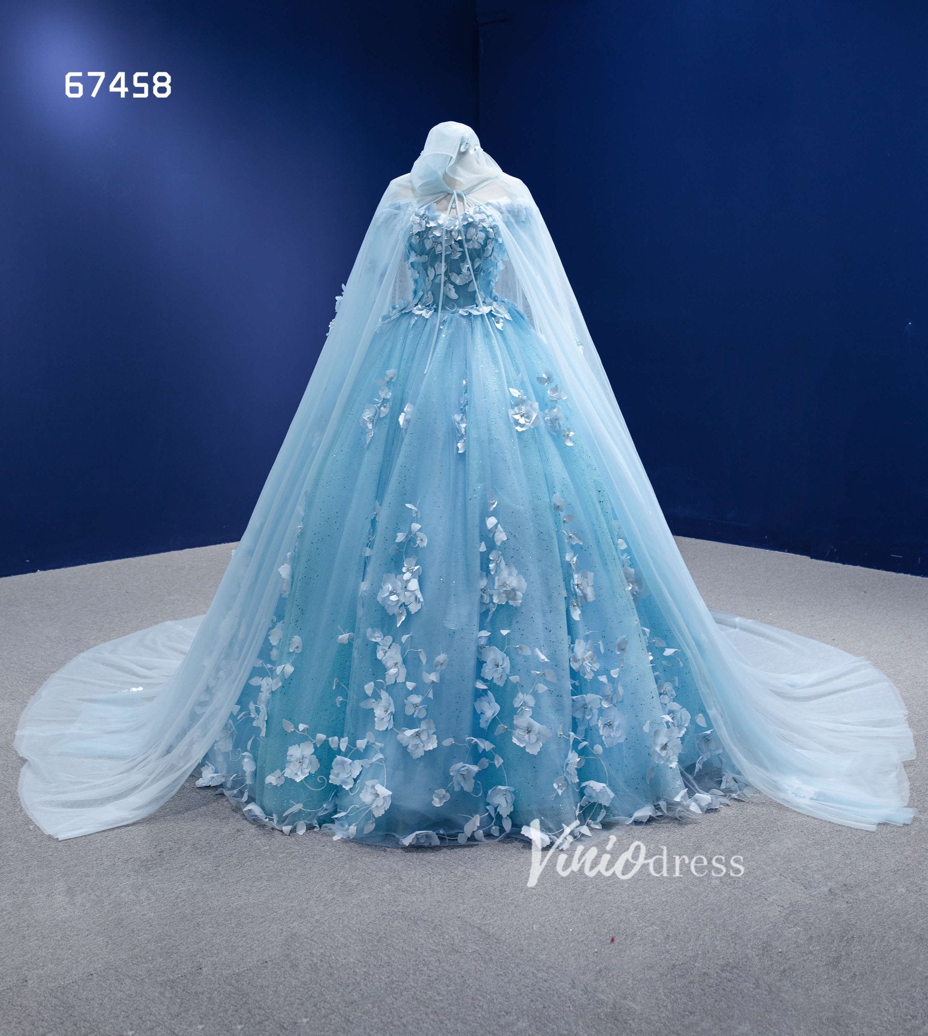 Baby Blue Flower Quince Dresses Princess Ball Gown with Cape 67458 Viniodress Baby Blue Flower Quince Dresses Princess Ball Gown with Cape 67458 Viniodress