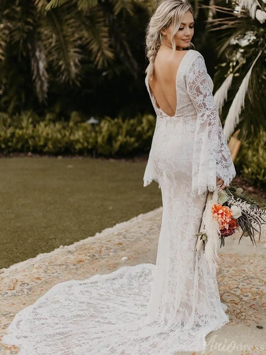 Backless Sheath Lace Boho Wedding Dress with Long Bell Sleeves VW1087 Viniodress Backless Sheath Lace Boho Wedding Dress with Long Bell Sleeves VW1087 Viniodress