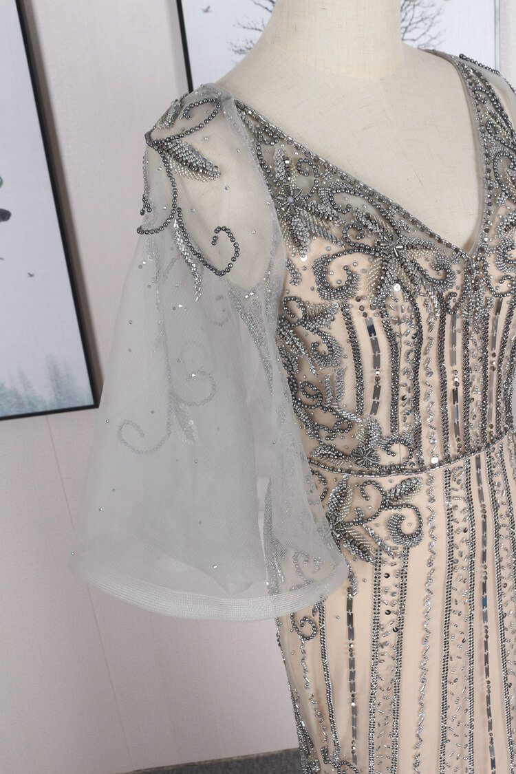 Batwing Sleeve Beaded Prom Dresses V-neck Sheath Evening Dress FD2479-Evening Dresses 2025 -Viniodress-Champagne-US 2-