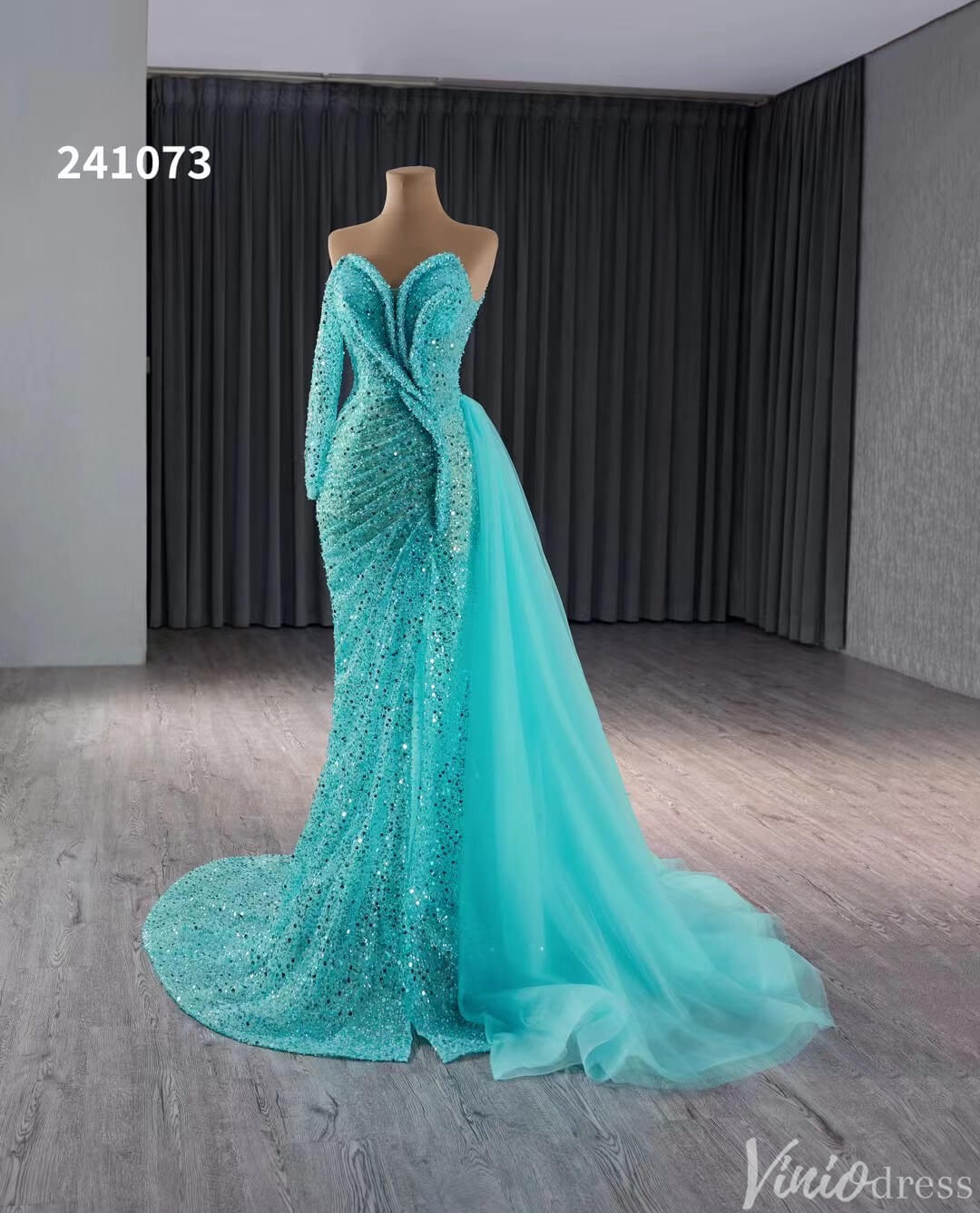 Beaded Aqua Blue Wedding Dresses Mermaid Overskirt Prom Dress with Slit 241073-Evening Dresses 2025 -Viniodress-Aqua-Custom Size-