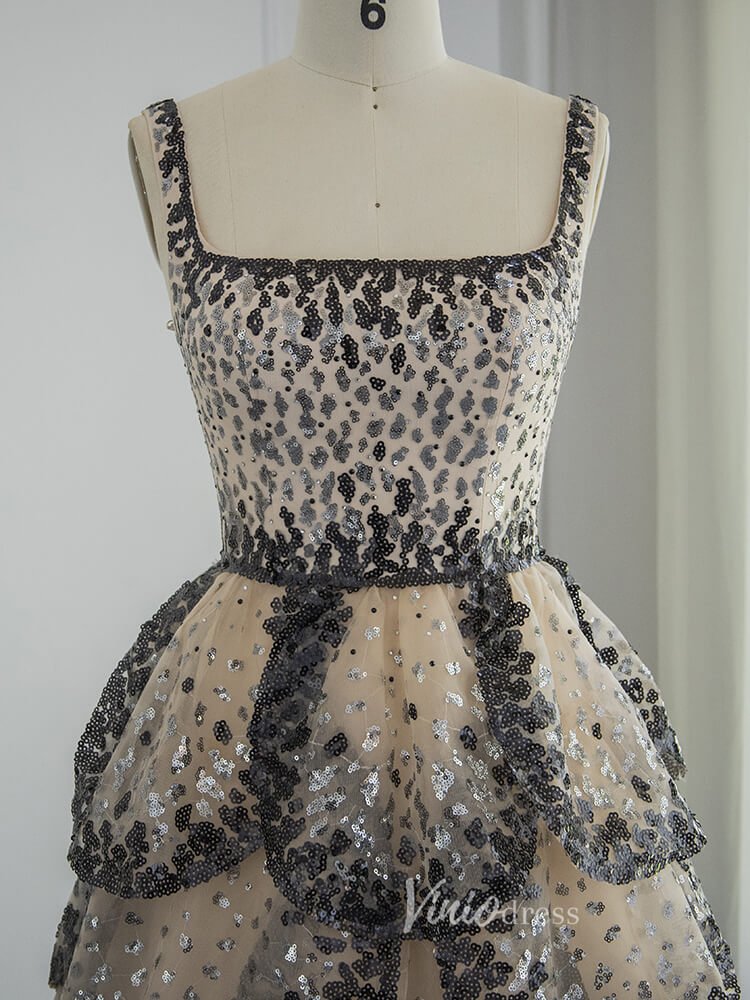 Beaded Black Layered Prom Dresses Champagne Square Neck Evening Gown 20099-Evening Dresses 2025 -Viniodress-Black-US 2-