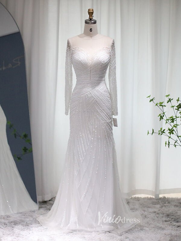 Beaded Blue Shimmer Prom Dresses Long Sleeve 1920s Evening Dress 20077-Evening Dresses 2025 -Viniodress-White-US 2-