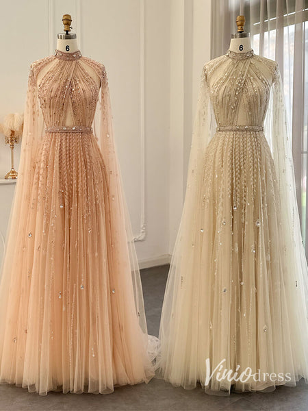 Crystal High Neck Cap Sleeves A-Line Pageant Dress