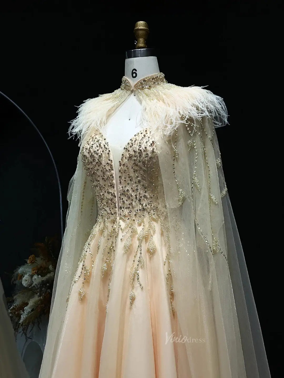 Beaded Champagne Prom Dresses with Cape A-line Wedding Dresses BD020-Evening Dresses 2025 -Viniodress-Champagne-US 2-