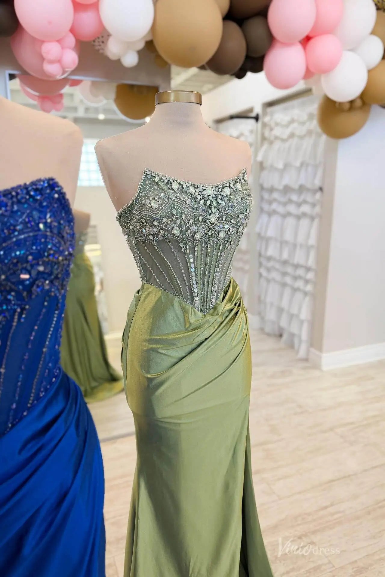 Beaded Corset Mermaid Prom Dress with Draped Satin Skirt & High Slit – SS166-prom dresses 2026-Viniodress-Dusty Blue-Custom Size-