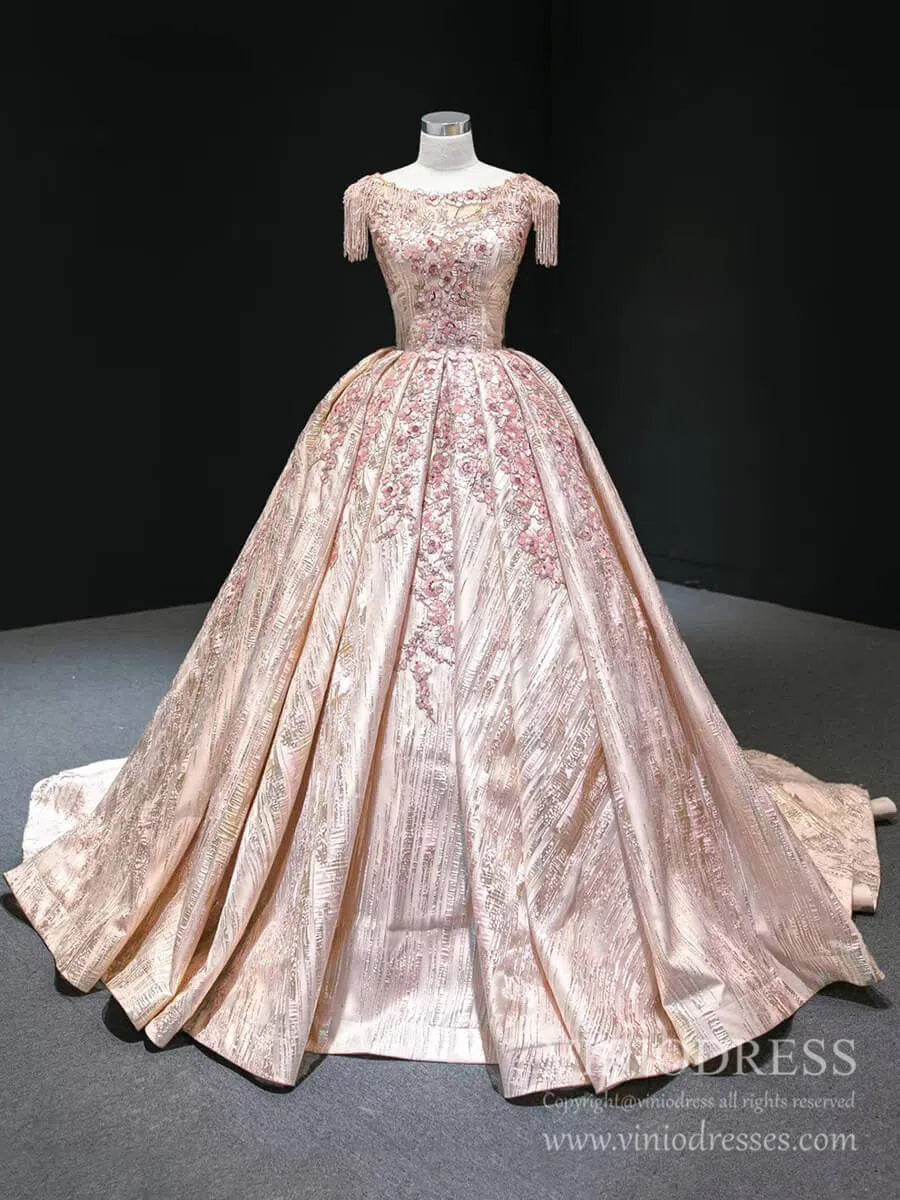 Beaded Floral Rose Gold Ball Gown Prom Dresses Long Train FD2403 vinio Viniodress Beaded Floral Rose Gold Ball Gown Prom Dresses Long Train FD2403 vinio Viniodress