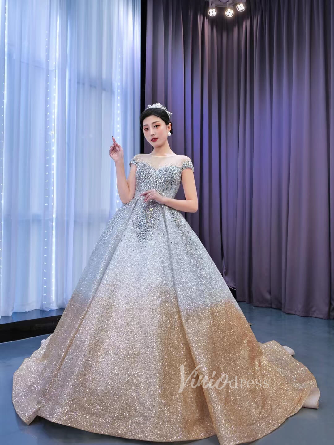 Beaded Gradient Wedding Dress Silver Gold Ball Gown 67362 Viniodress Beaded Gradient Wedding Dress Silver Gold Ball Gown 67362 Viniodress