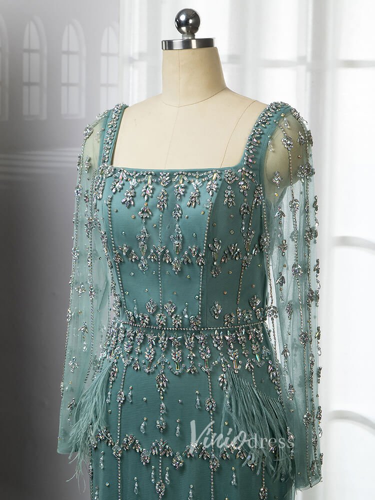 Beaded Green Evening Gown Long Sleeve Sheath Formal Dress Square Neck 20021-Evening Dresses 2025 -Viniodress-Green-US 2-