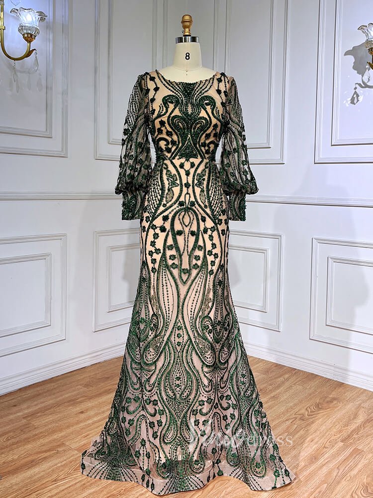 chinese dress ladies Beaded Green Mother of Bride Dress Vintage Long Sleeve Evening Dresses –  Viniodress