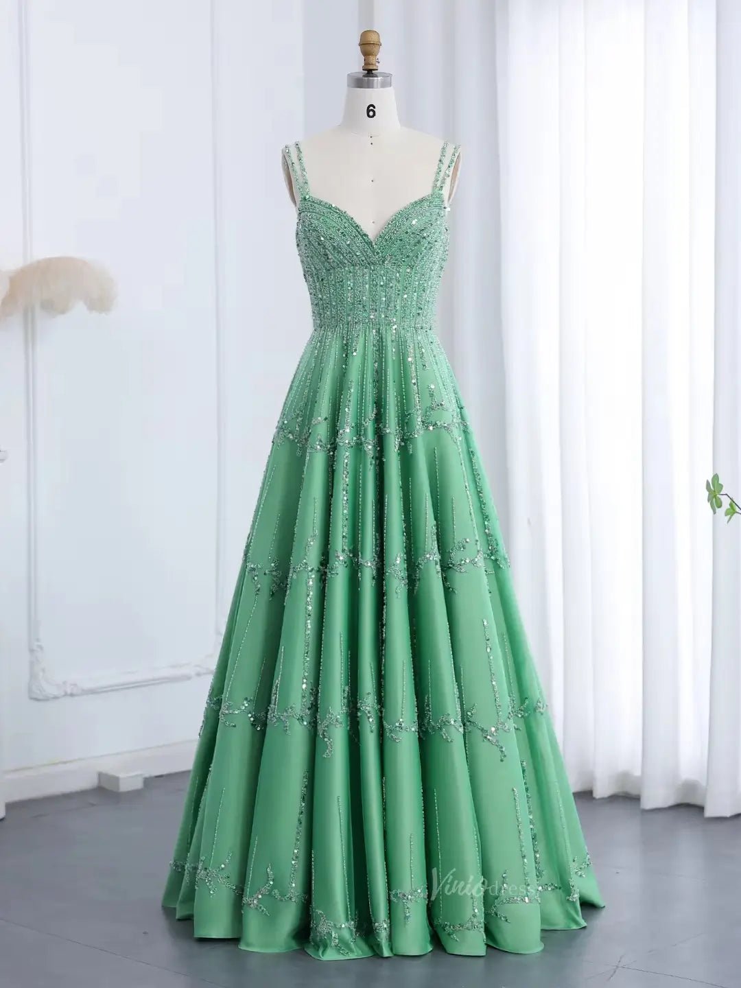 Beaded Green Prom Dresses Elegant Square Neck Formal Dresses A-line BD054-Evening Dresses 2025 -Viniodress-Square-Green-US 2