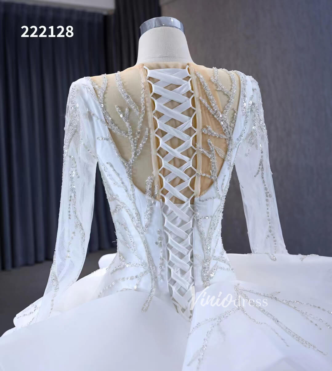 Beaded Lace Aplique Ruffled Wedding Dresses Long Sleeve Bridal Gown 222128-wedding dresses 2025 -Viniodress-Ivory-Custom Size-