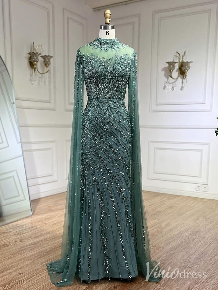 Beaded Lace Sheath Prom Dresses Extra Long Sleeve High Neck Mother of –  Viniodress