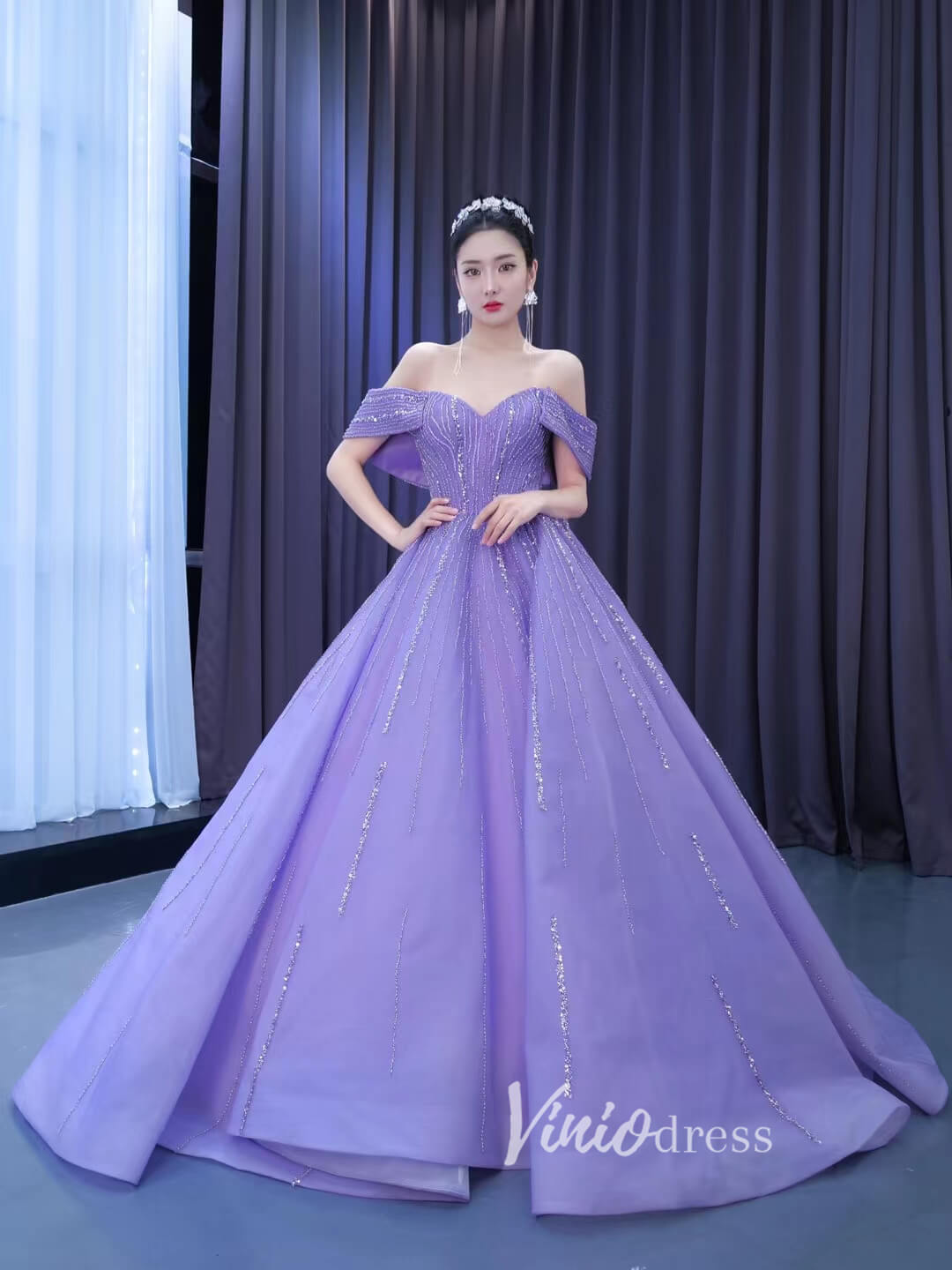 Beaded Lavender Cinderella Ball Gowns Removable Sleeves Quince Dresses – Viniodress Beaded Lavender Cinderella Ball Gowns Removable Sleeves Quince Dresses – Viniodress