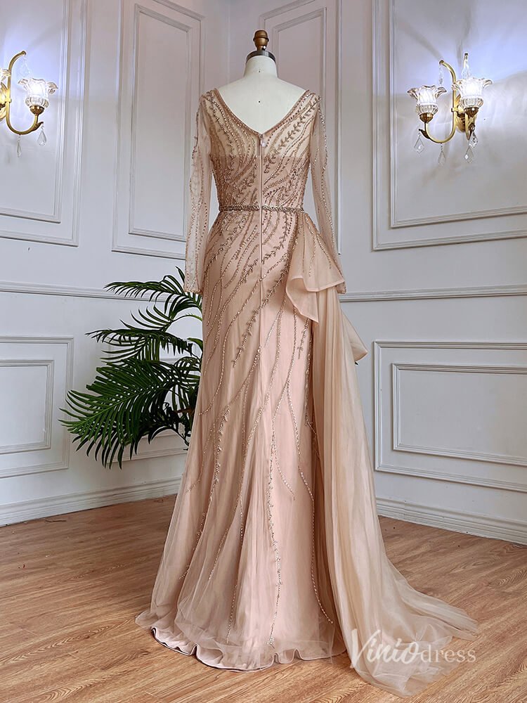 Beaded Long Sleeve Evening Dresses with Slit Mermaid Pageant Dress AD1137-Evening Dresses 2025 -Viniodress-Pink-US 2-