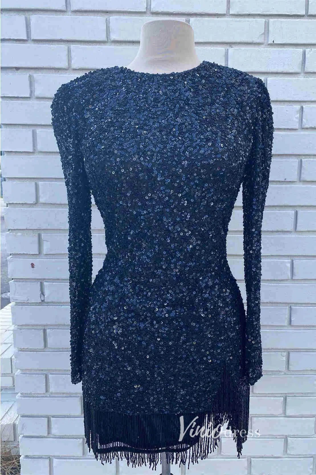 Beaded Long Sleeve Sequin Cocktail Dress Short Prom Dress SD1594-Homecoming Dresses 2025 -Viniodress-Black-Custom Size-