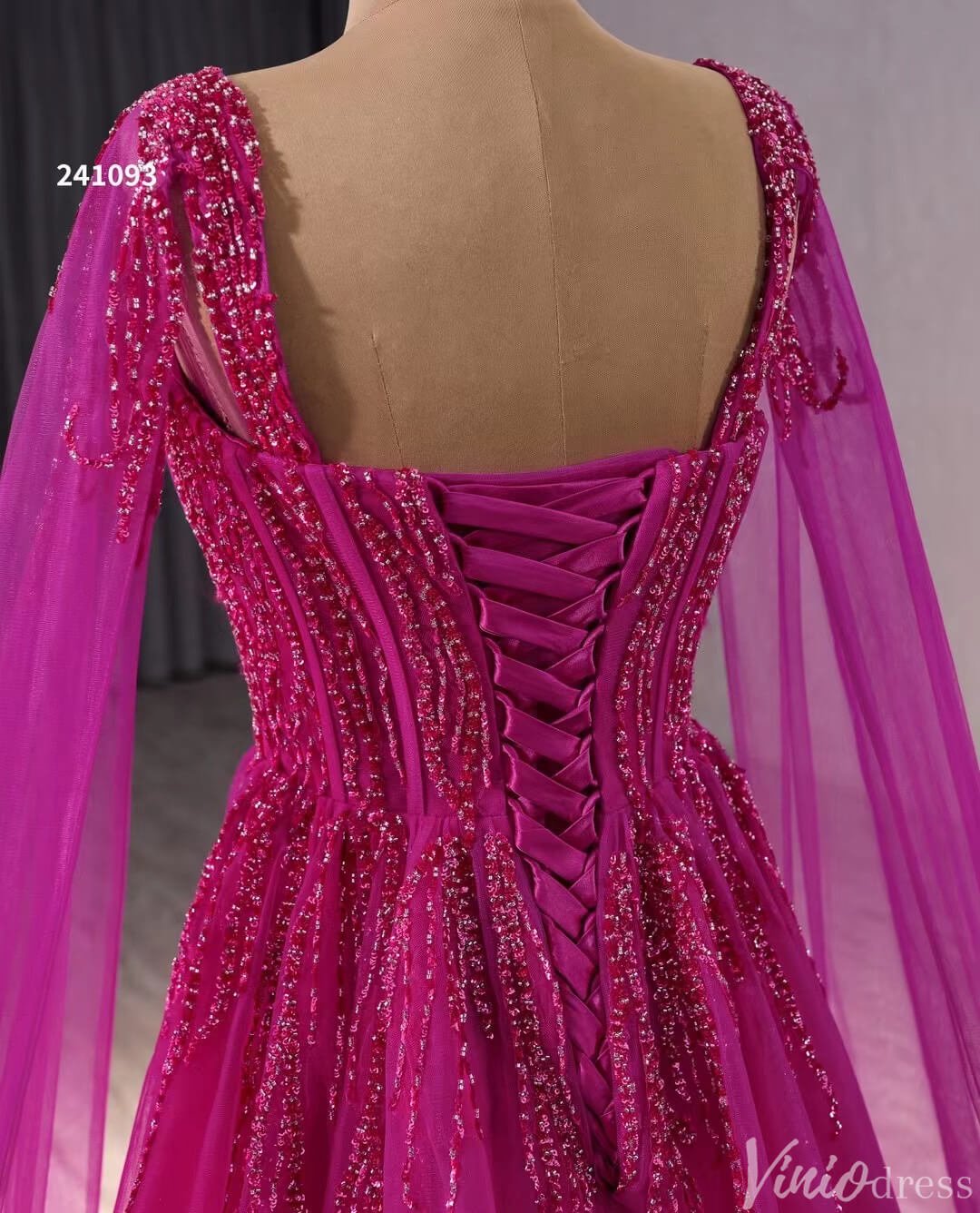Beaded Magenta Tulle Prom Dress with Slit Evening Gown Cape Sleeve 241093-Evening Dresses 2025 -Viniodress-Magenta-Custom Size-