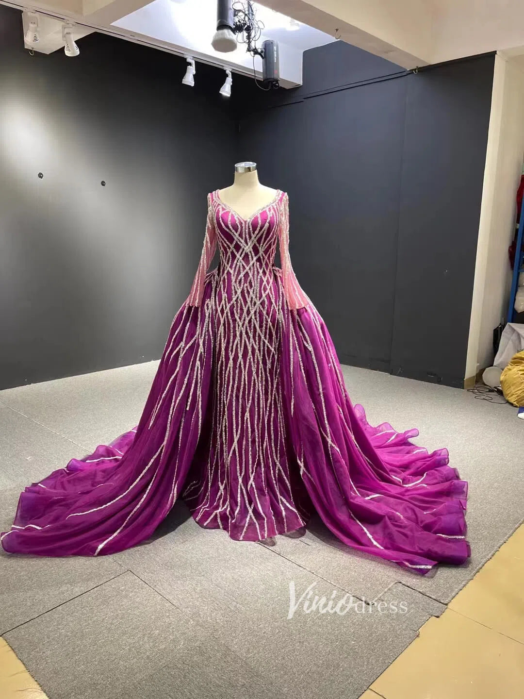 magenta dresses Beaded Magenta Wedding Dress with Detachable Overskirt 67480 – Viniodress