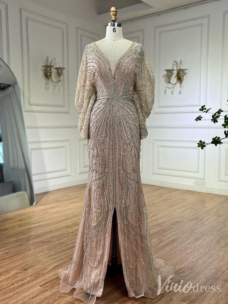 Vestido de fiesta de sirena con cuentas y mangas murciélago